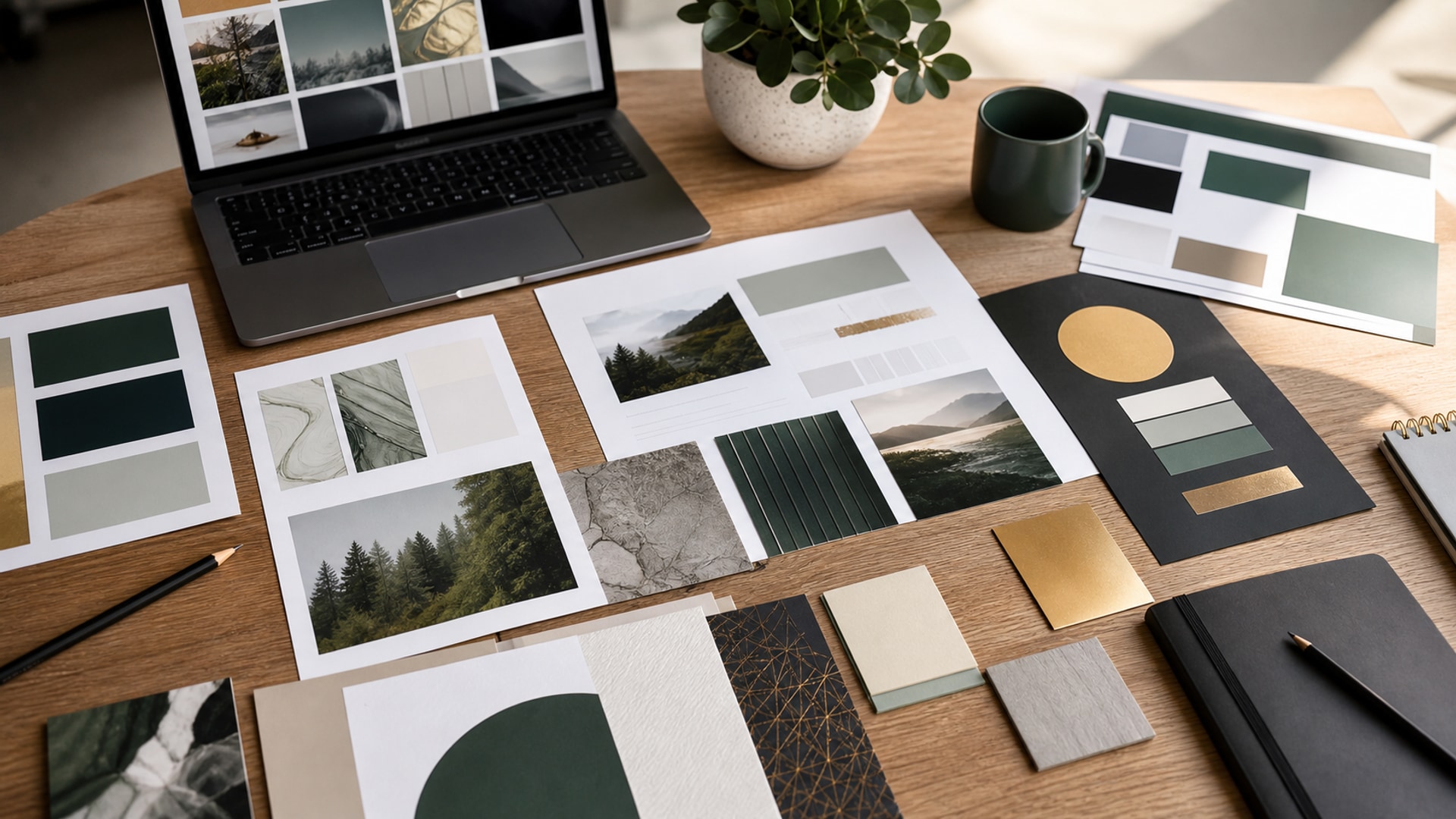 Branding-Moodboard mit Farben, Bildsprache und visueller Linie für die Markenentwicklung.